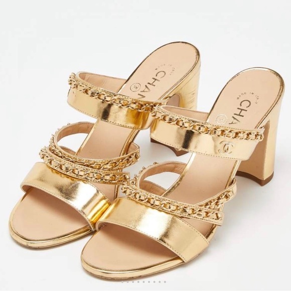 CHANEL Shoes - CHANEL Gold Chain-Trim Block Heel Sandals